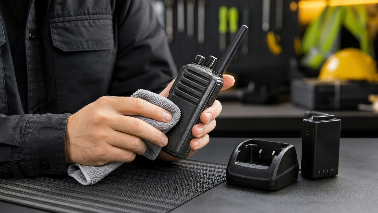 A worker gently wiping a handheld two-way radio beside its charger and battery